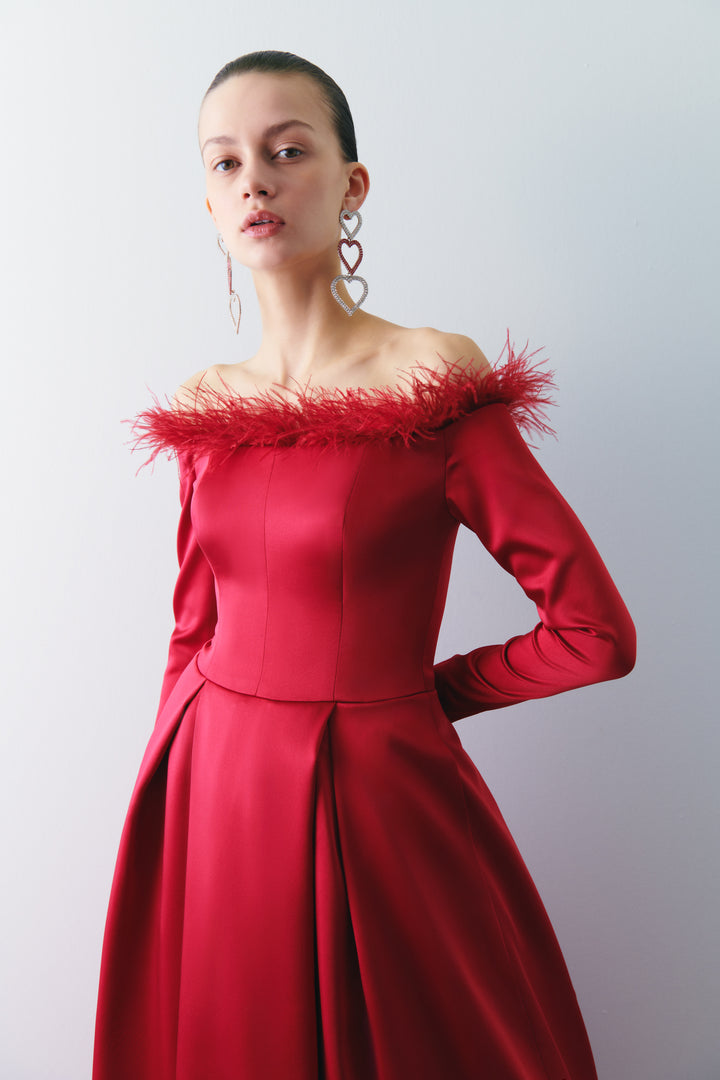FEATHER DETAILED OFFSHOULDER DOUBLE SATIN DRESS 