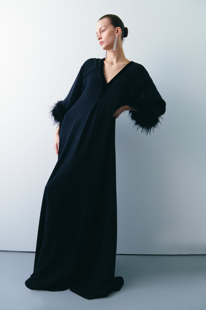 Vegan Fabric Feather Detailed Kimono Slv Dress