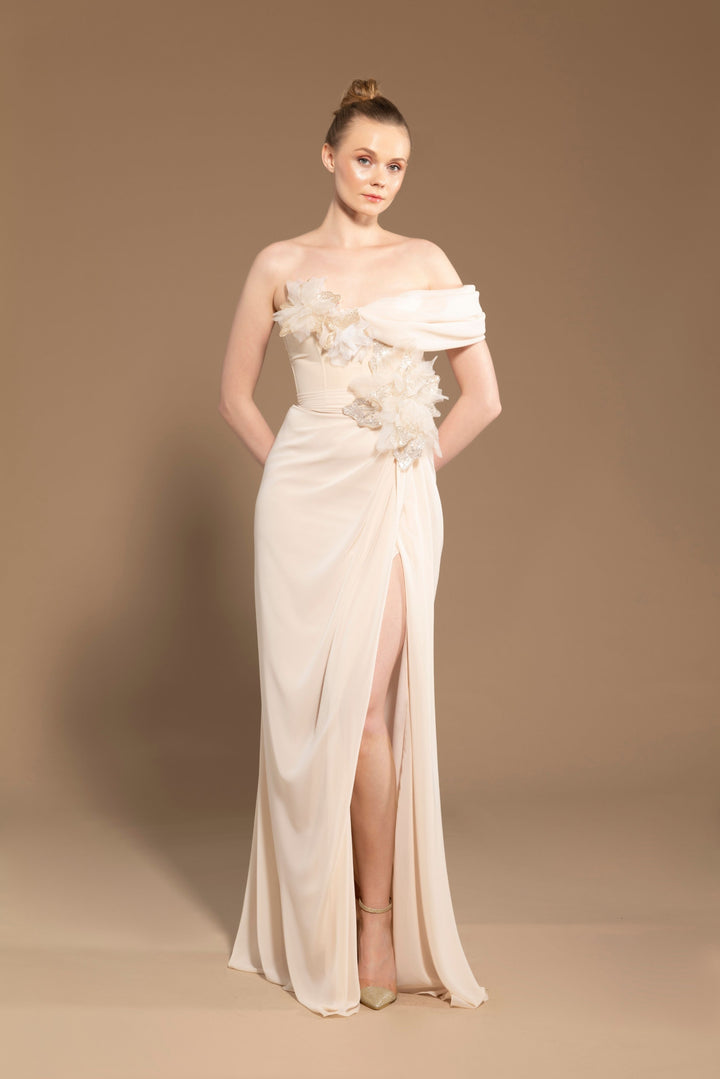 Cream Asymmetric Long Dress with Crystal Embellishments, 3D Floral Appliqués, and A Draped Skirt