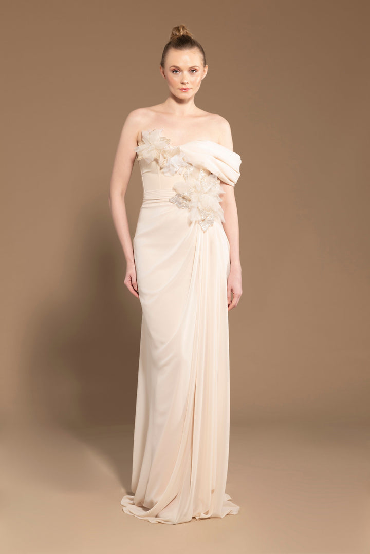 Cream Asymmetric Long Dress with Crystal Embellishments, 3D Floral Appliqués, and A Draped Skirt