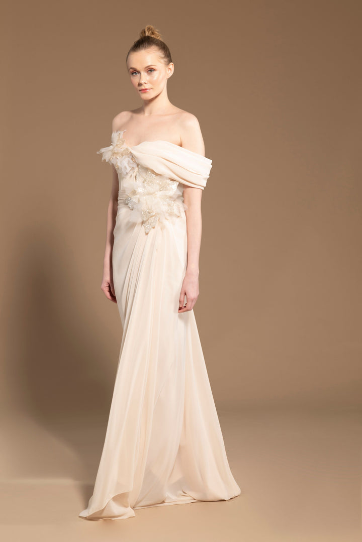 Cream Asymmetric Long Dress with Crystal Embellishments, 3D Floral Appliqués, and A Draped Skirt