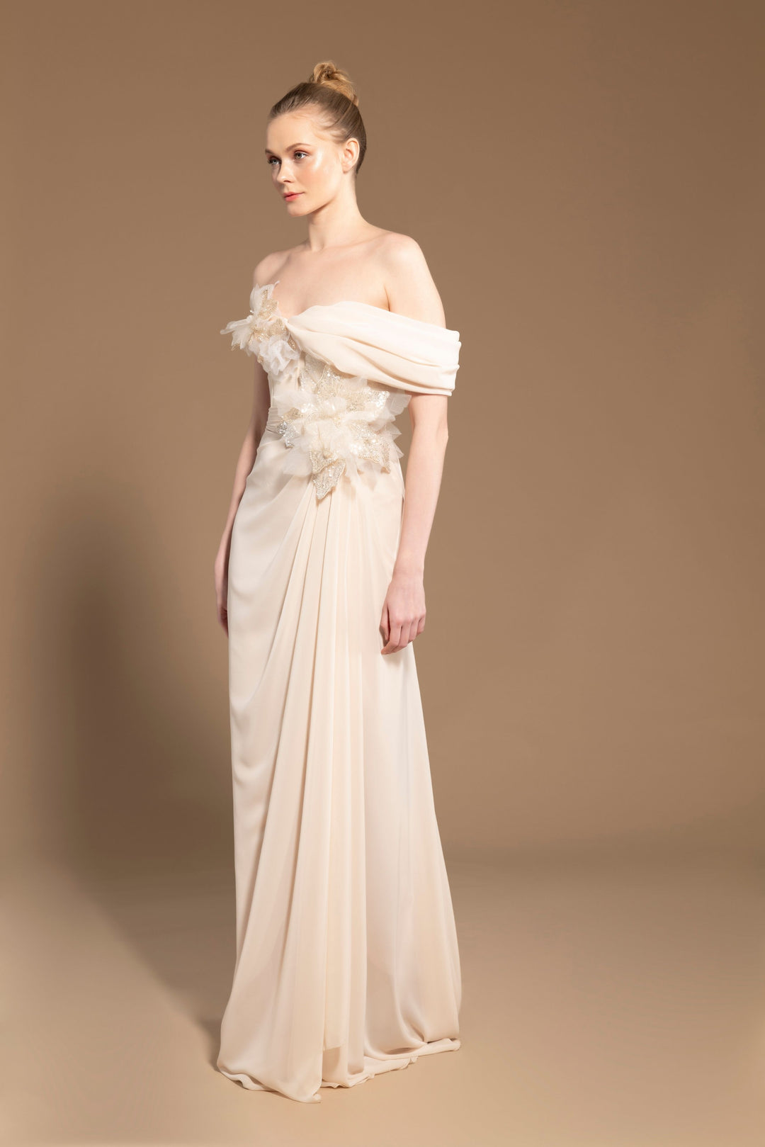 Cream Asymmetric Long Dress with Crystal Embellishments, 3D Floral Appliqués, and A Draped Skirt