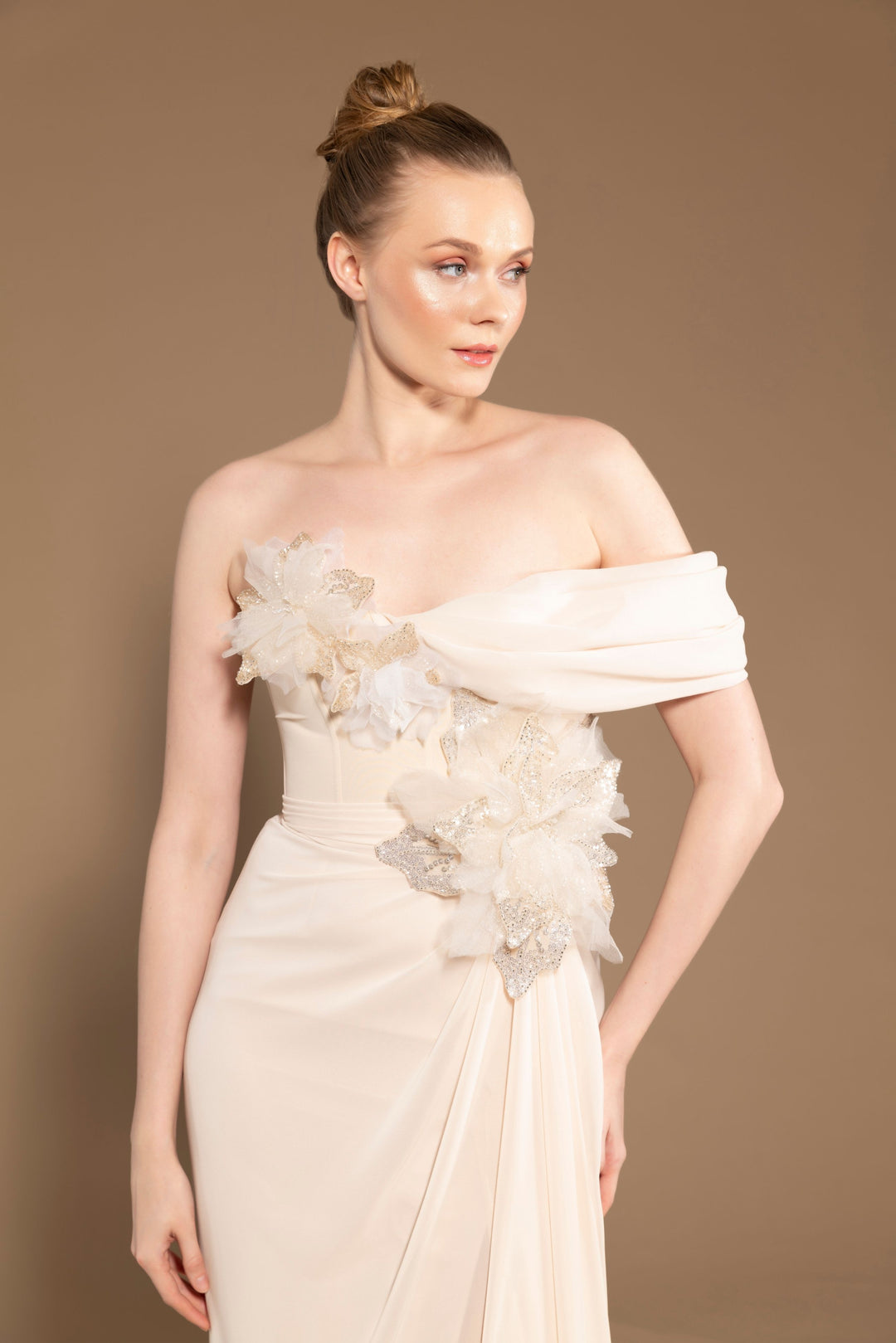 Cream Asymmetric Long Dress with Crystal Embellishments, 3D Floral Appliqués, and A Draped Skirt