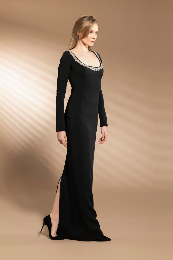 Long Gown with Embroidered Neckline