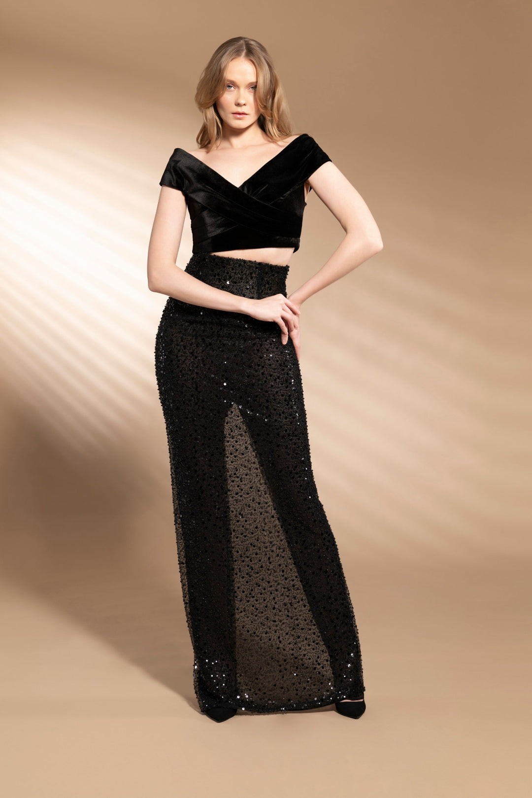 Black Velvet Top & Sequins Skirt Set