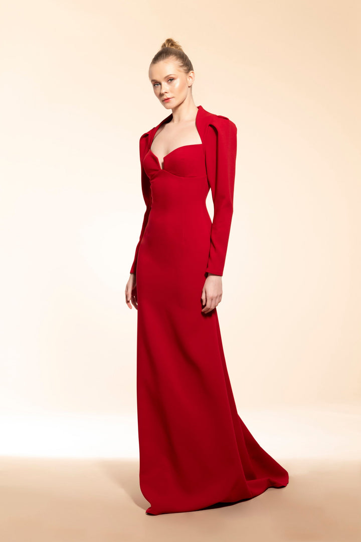 Long-Sleeved Red Dress with Bust Detailing and A Small Collar