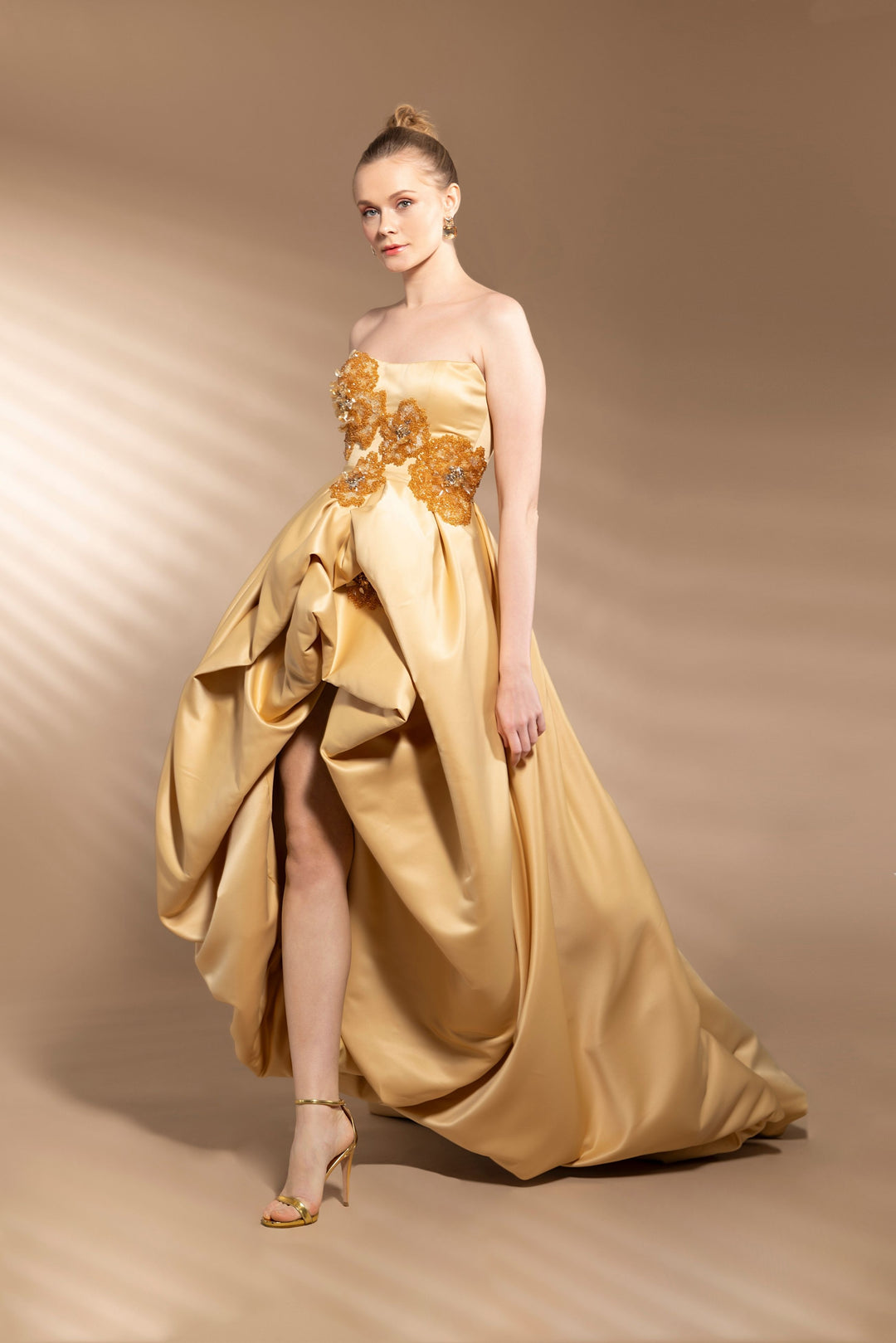 Gold High-Low Voluminous Gown with Hand-Embroidered Floral Details