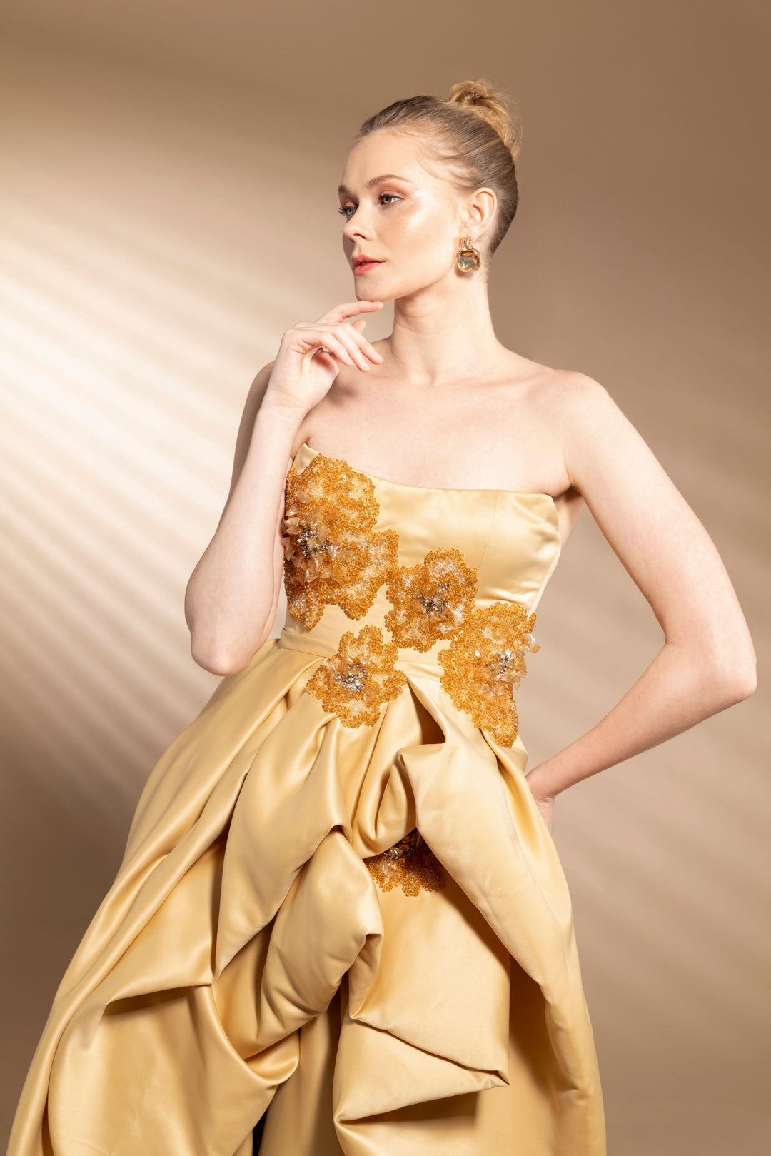 Gold High-Low Voluminous Gown with Hand-Embroidered Floral Details