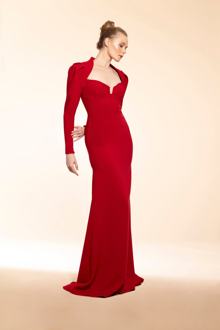 Long-Sleeved Red Dress with Bust Detailing and A Small Collar