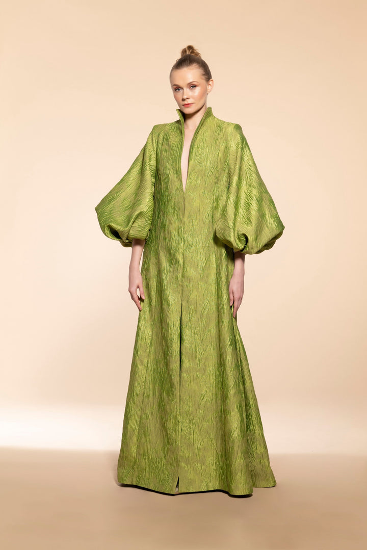 Long Green Caftan in Textured Fabric with Wide Sleeves