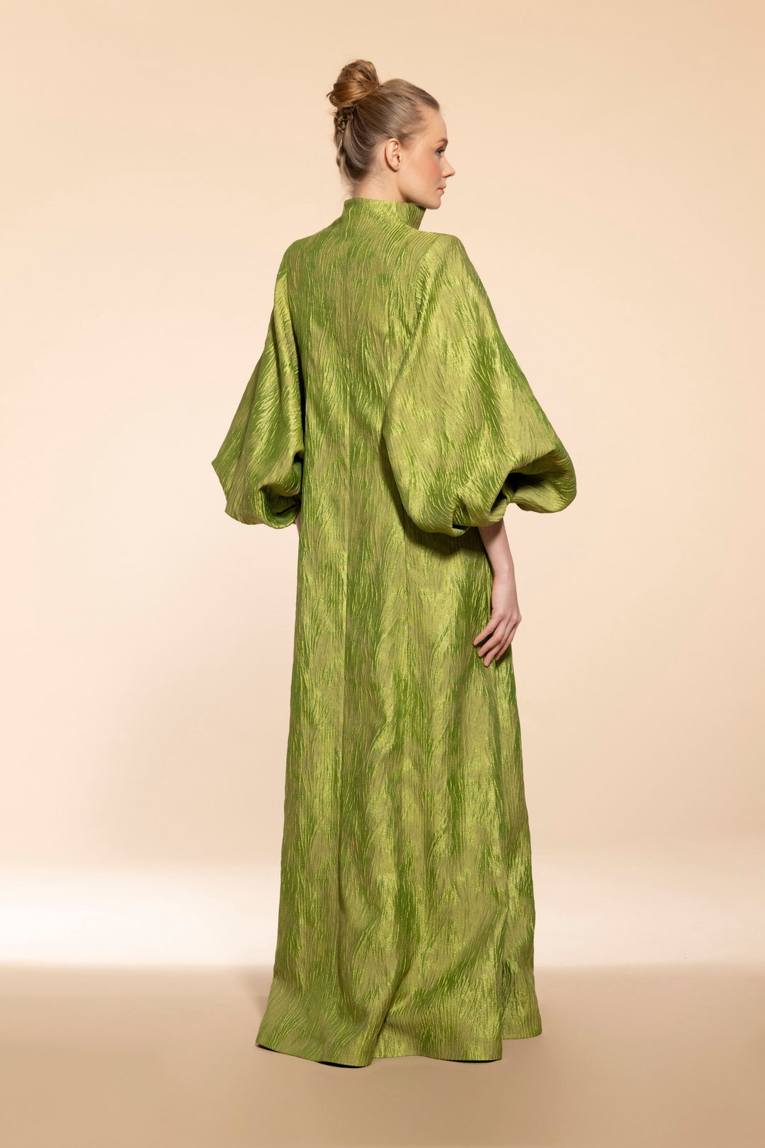 Long Green Caftan in Textured Fabric with Wide Sleeves