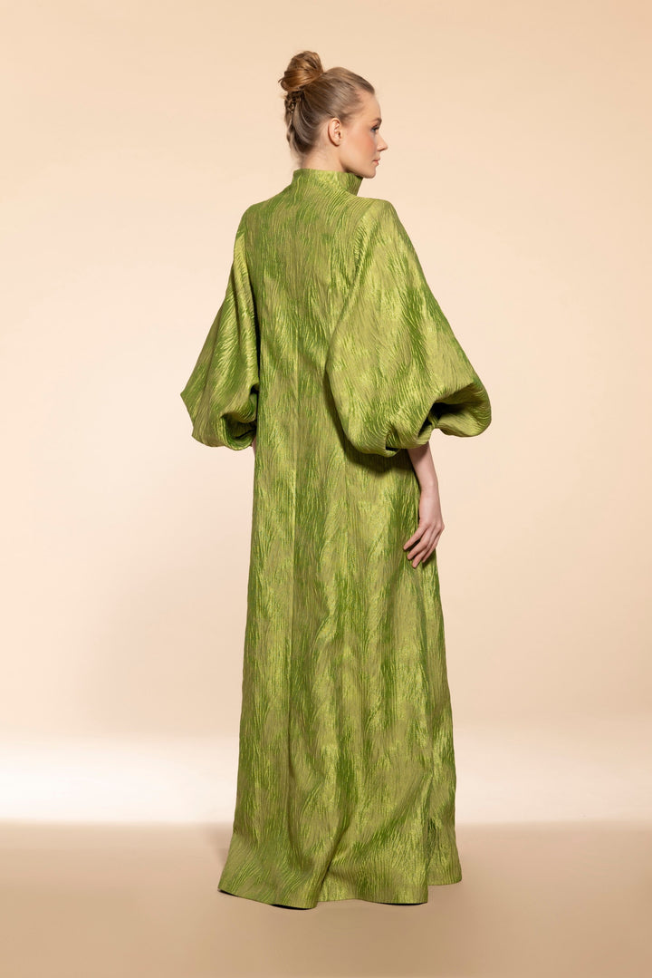 Long Green Caftan in Textured Fabric with Wide Sleeves