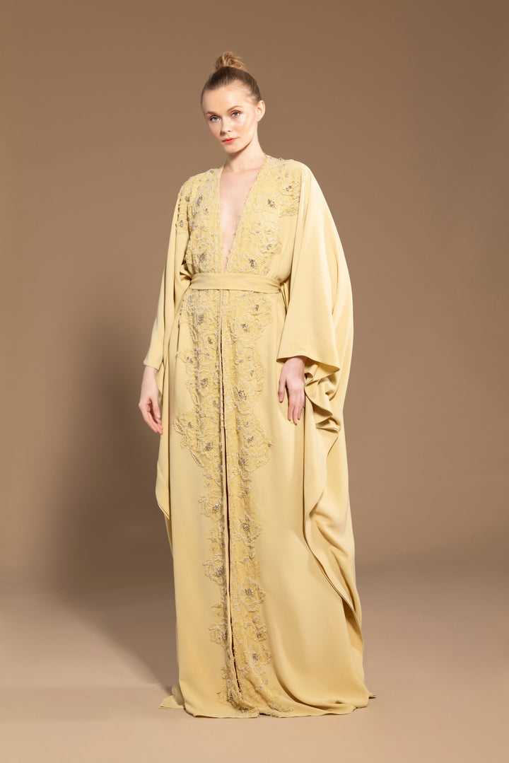 Yellow Caftan with Hand-Embroidered Lace Details