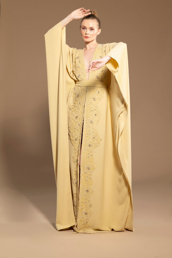 Yellow Caftan with Hand-Embroidered Lace Details