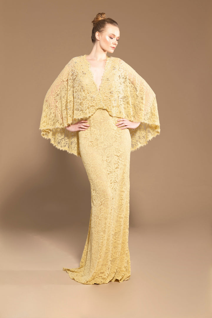 Yellow Lace Dress with Batwing Sleeves and Hand-Embroidered Details