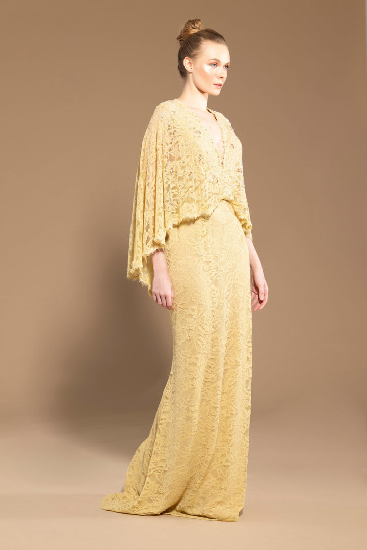 Yellow Lace Dress with Batwing Sleeves and Hand-Embroidered Details