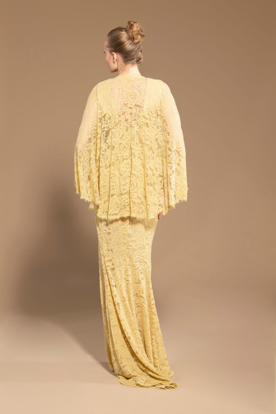 Yellow Lace Dress with Batwing Sleeves and Hand-Embroidered Details