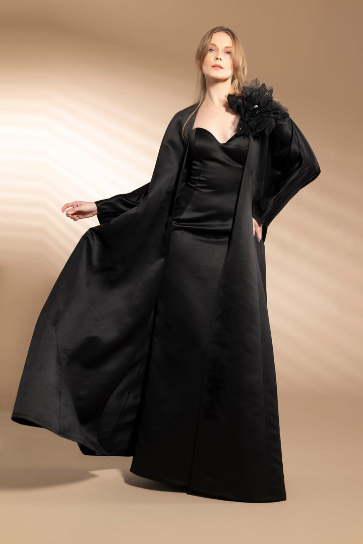 Black Caftan with Hand-Embroidered Floral Details
