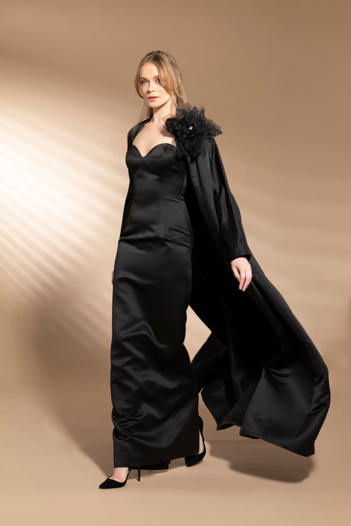 Black Caftan with Hand-Embroidered Floral Details