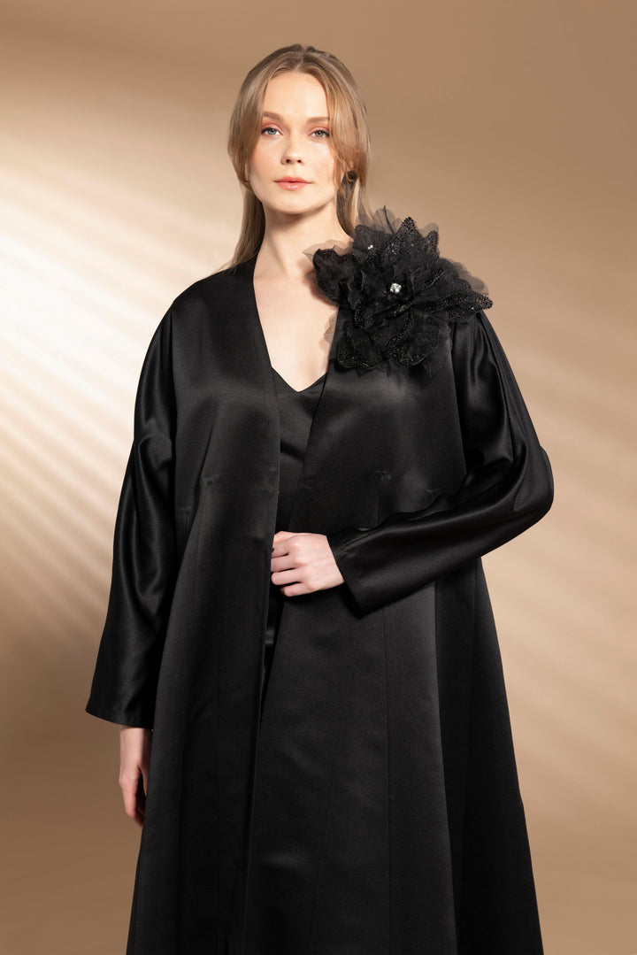 Black Caftan with Hand-Embroidered Floral Details