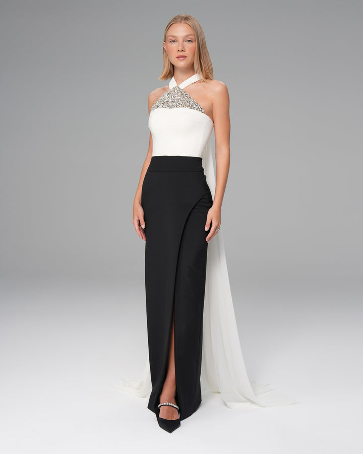 Halter Neck Crystal Beaded Two Colored Dress