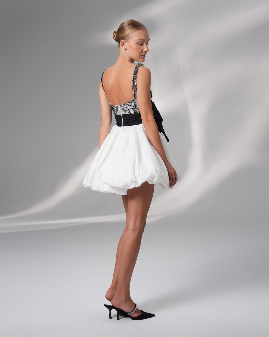Embroidered Mini Balloon Skirt Dress with Bow Detail