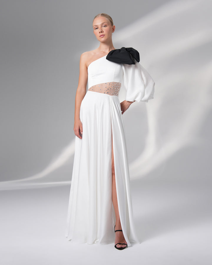 One Shoulder Bow Sheer Waistline Dress