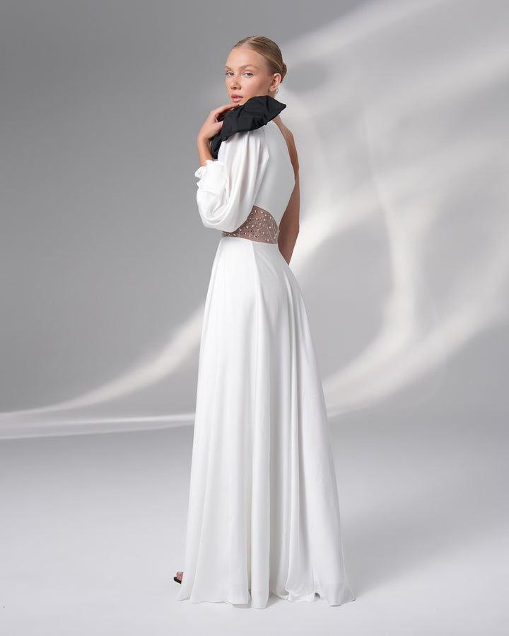 One Shoulder Bow Sheer Waistline Dress