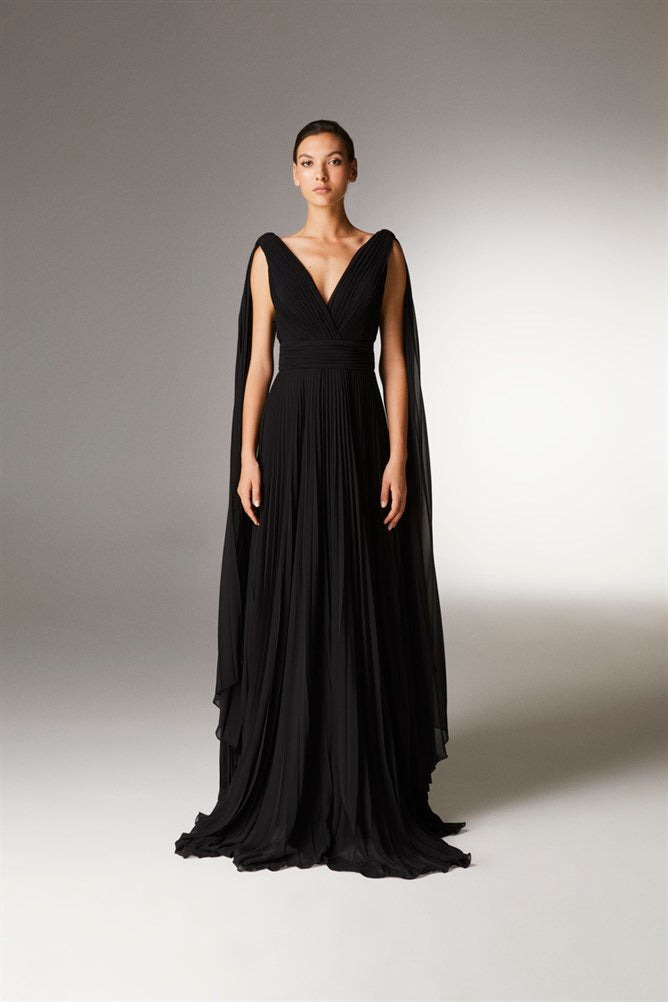 Pleated Silky Chiffon Dress With Cape Sleeves – Dilek Hanif